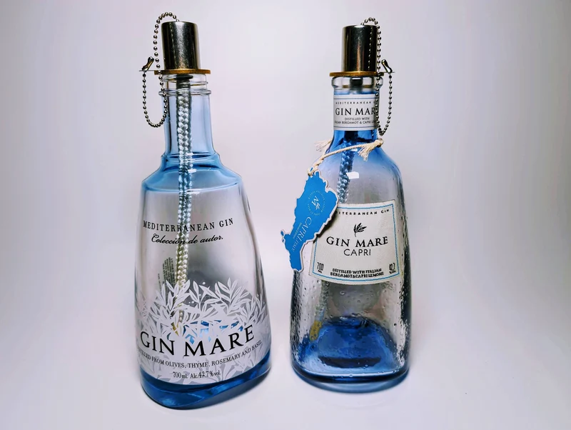 Gin Öllampe “Mare“ | Handgefertigte Upcycling Öllampe aus Gin Mare Flasche | Perfekte Deko für Garten & Balkon | Geschenk für Gin Liebhaber