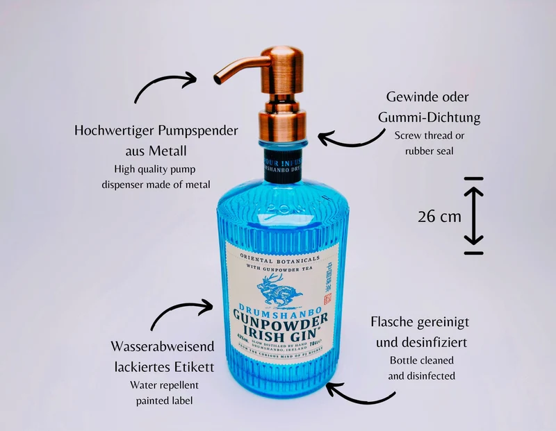 Gin-Seifenspender “Gunpowder“ | Upcycling Pumpspender aus Gunpowder Gin Flasche | Nachfüllbar | Handgemachte Bad Deko Geschenk aus Irland