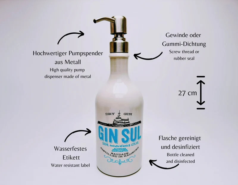 Gin Sul Seifenspender “Sul Spender” | Upcycling Pumpspender aus Gin Sul Flasche | Nachfüllbar | Deko Bad Geschenk Hamburg | 500ml - H:27cm