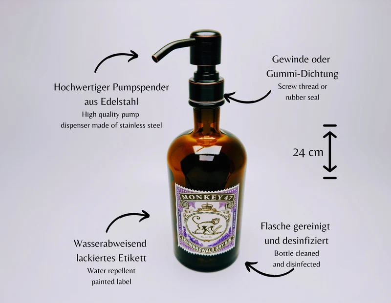 Gin-Seifenspender “Monkey 47“ | Upcycling Pumpspender aus Monkey47 Gin Flasche | Nachfüllbar mit Seife | Bad Deko | Geschenk Schwarzwald