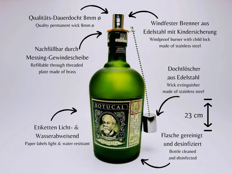 Rum-Öllampe ”Botucal” | Handgemachte Öllampe aus Botucal-Flaschen | Upcycling | Handgemacht | Individuell | Geschenk | Deko | H:23cm - 0,7l