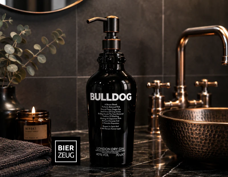 Gin-Seifenspender “Bulldog Brilliance“ | Upcycling Pumpspender aus Bulldog Gin-Flasche | Nachfüllbar mit Seife | Bad Deko Geschenk England