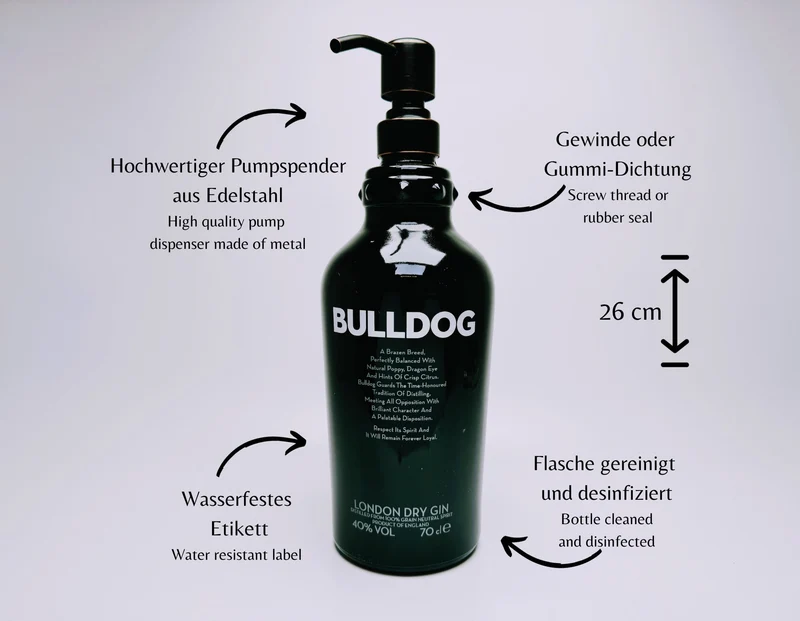 Gin-Seifenspender “Bulldog Brilliance“ | Upcycling Pumpspender aus Bulldog Gin-Flasche | Nachfüllbar mit Seife | Bad Deko Geschenk England