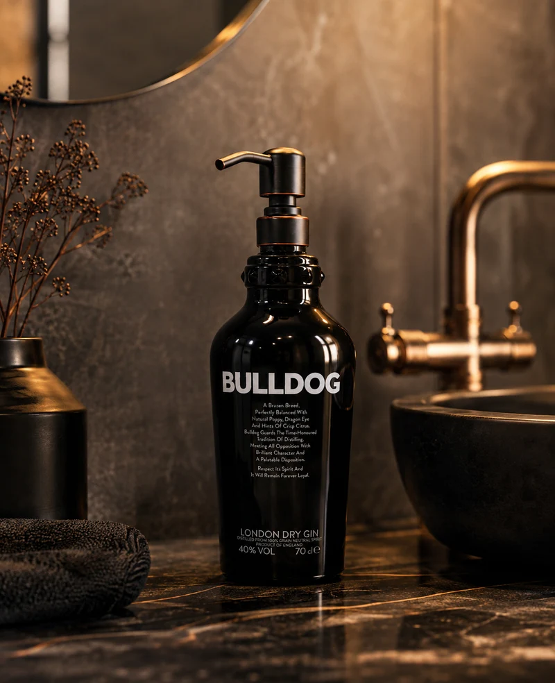 Gin-Seifenspender “Bulldog Brilliance“ | Upcycling Pumpspender aus Bulldog Gin-Flasche | Nachfüllbar mit Seife | Bad Deko Geschenk England
