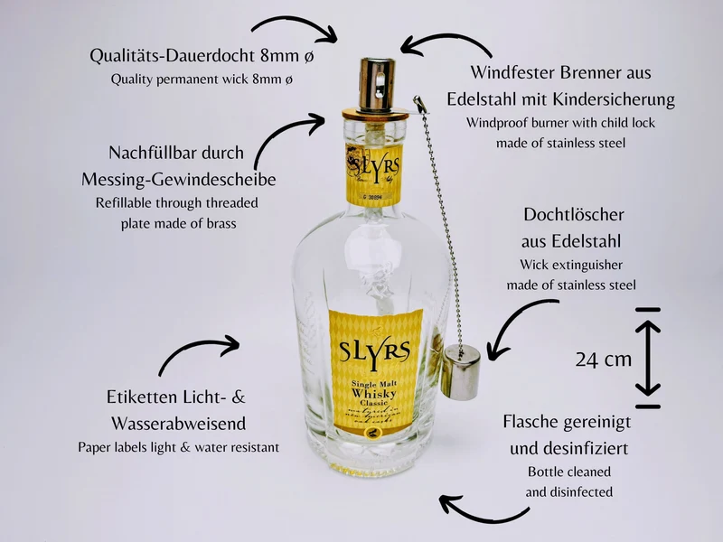 Whisky-Öllampe ”Slyrs Shine” | Handgemachte Öllampe aus Slyrs Whisky Flaschen | Upcycling | Individuell | Geschenk | München | Bayern | Deko