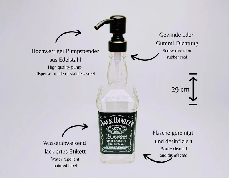 Whisky-Seifenspender “Jacky” | Upcycling Pumpspender aus Jack Daniels Flasche | Nachfüllbar | Bad Deko | Geschenkidee für Whisky Fans