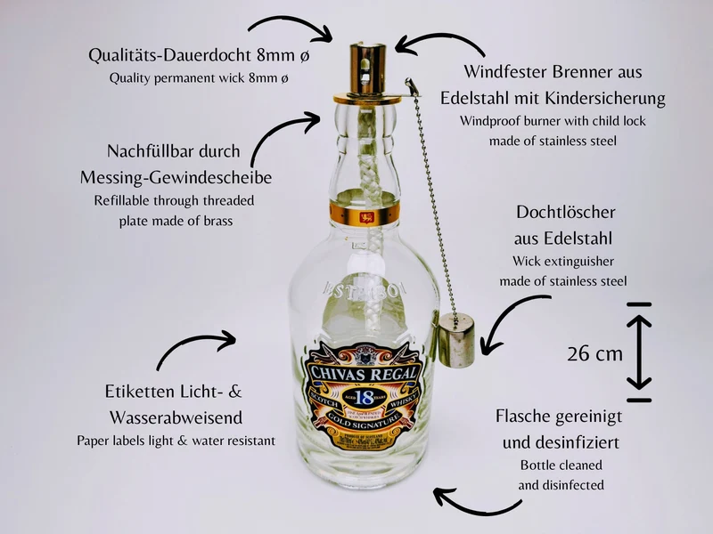 Whisky-Öllampe ”Chivas Glow” | Handgemachte Öllampe aus Chivas Regal Flaschen | Upcycling | Individuell | Geschenk | Schottland | Deko