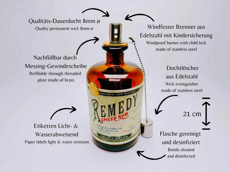 Rum-Öllampe ”Remedy” | Handgemachte Öllampe aus Remedy Rum-Flaschen | Upcycling | Handgemacht | Individuell | Geschenk | Deko | H: 21cm