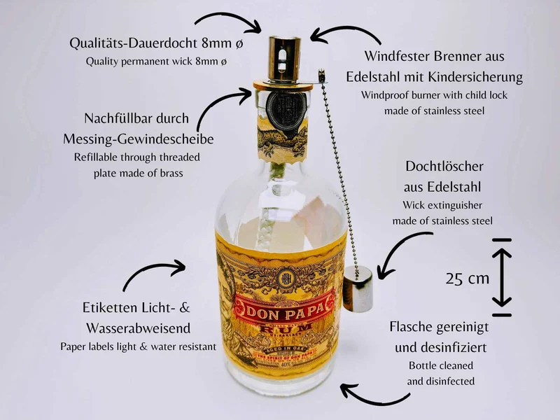 Rum-Öllampe ”Don Papa” | Handgemachte Öllampe aus Don Papa-Flaschen | Upcycling | Handgemacht | Individuell | Geschenk | Deko | H:25cm