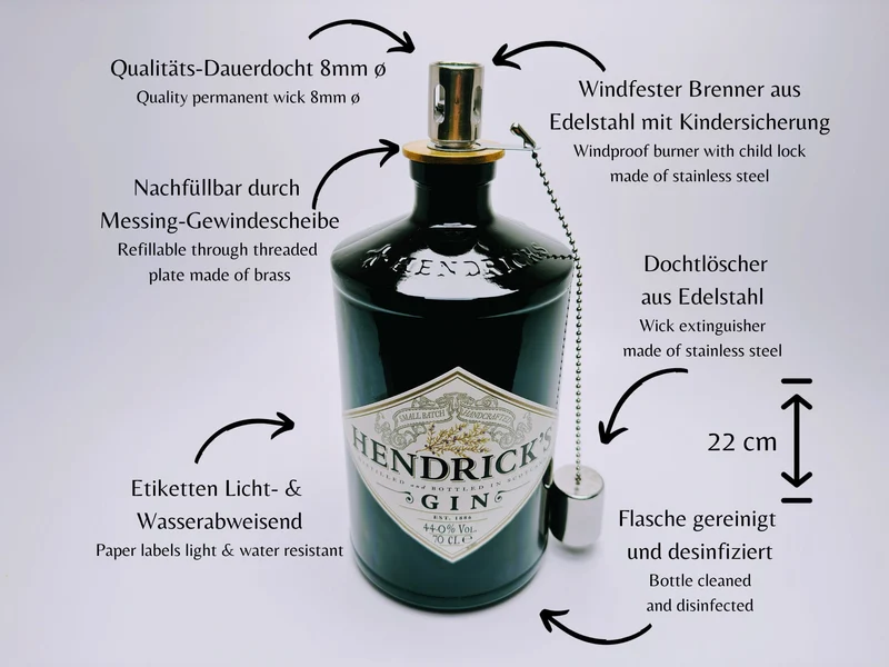 Gin Öllampe “Hendricks“ | Handgefertigte Öllampe aus Hendricks Gin Flaschen | Upcycling Deko | Einzigartiges Geschenk für Gin-Liebhaber
