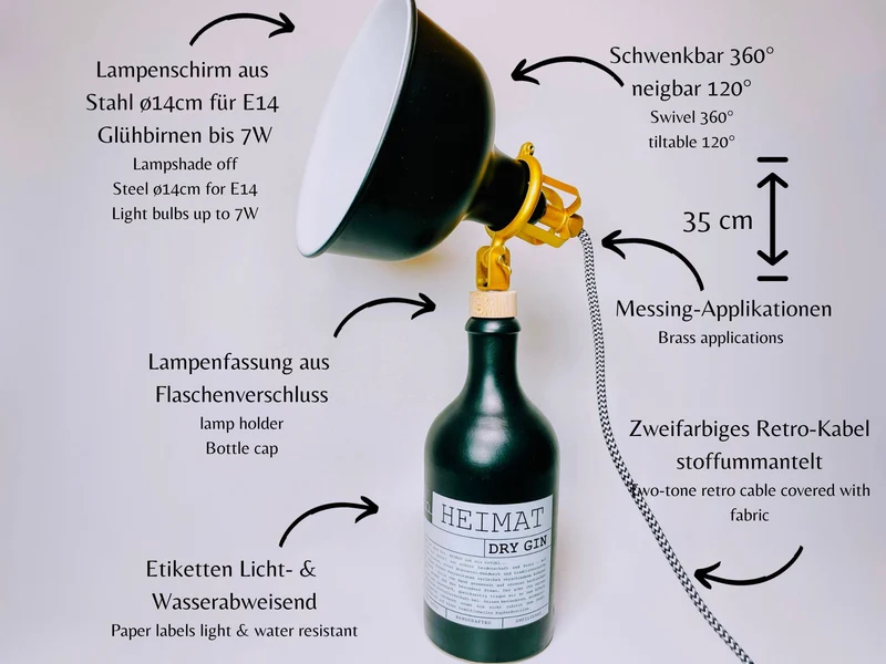 Heimat Gin Vintage-Lampe | Handgemachte Upcycling Tischlampe aus Heimat Gin | Einzigartige Geschenkidee | Deko-Licht | Upcycling Leuchte