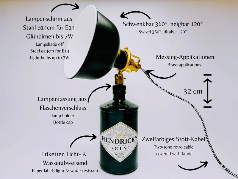 Hendricks Gin Vintage-Lampe | Handgemachte Upcycling Tischlampe | Einzigartige Geschenkidee | Retro Deko-Licht | Upcycling Leuchte