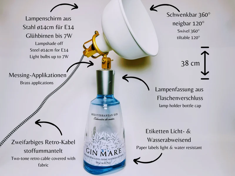 Gin Mare Vintage-Lampe | Handgemachte Upcycling Tischlampe aus Gin Mare | Einzigartige Geschenkidee | Deko-Licht | Upcycling Leuchte