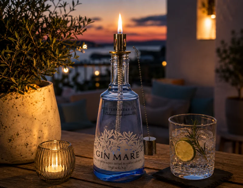 Gin Mare Vintage-Lampe | Handgemachte Upcycling Tischlampe aus Gin Mare | Einzigartige Geschenkidee | Deko-Licht | Upcycling Leuchte