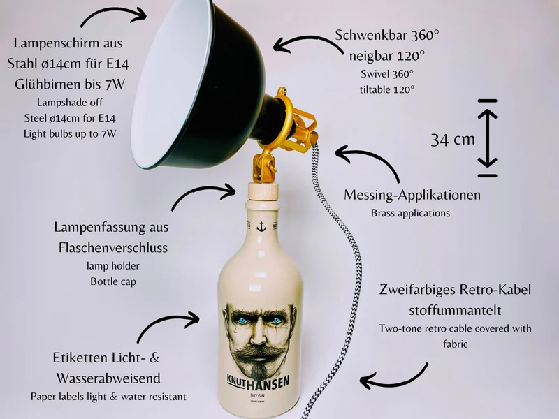 Knut Hansen Gin Vintage-Lampe | Handgemachte Upcycling Tischlampe aus Knut Hansen Gin | Einzigartige Geschenkidee | Deko-Licht | Upcycling