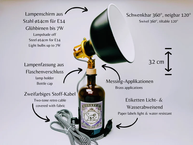 Monkey47 Gin Vintage-Lampe | Handgemachte Upcycling Tischlampe aus Monkey 47 Gin | Einzigartige Geschenkidee | Deko-Licht | Upcycling