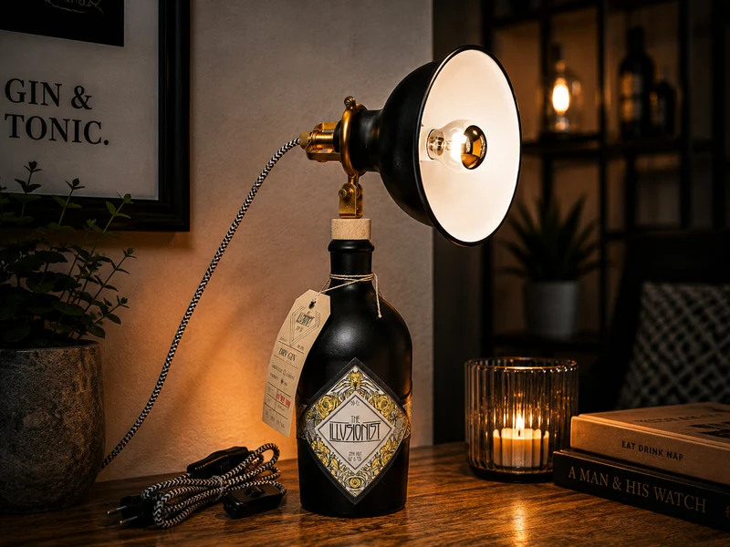 Gin Tischlampe aus echter Ginflasche – Handgemachte Design Lampe im Industrial Look – Upcycling Deko Lampe – Geschenkidee für Gin Liebhaber