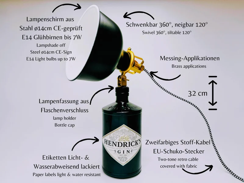 Gin Tischlampe aus echter Ginflasche – Handgemachte Design Lampe im Industrial Look – Upcycling Deko Lampe – Geschenkidee für Gin Liebhaber