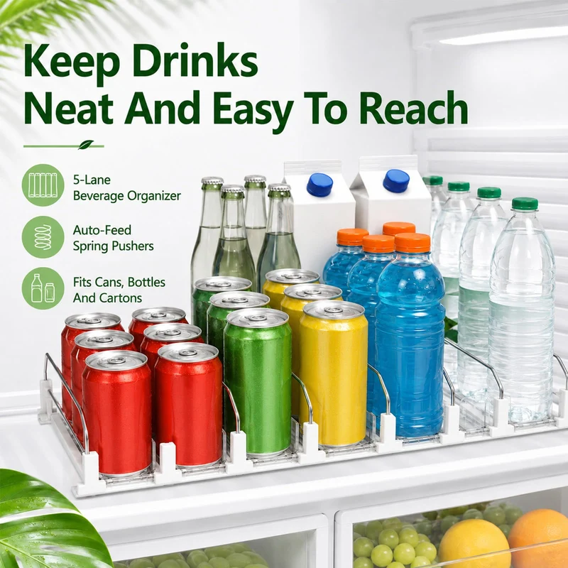 Drink Organizer for Fridge, 5 Row Automatic Pusher Glide, Adjustable Width Soda Can Dispenser for Refrigerator-Holds up to 25 Cans