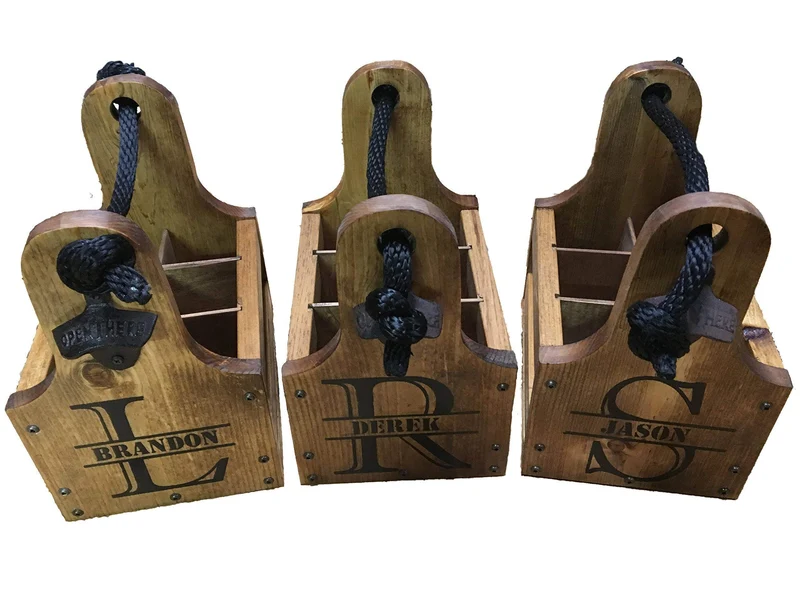Personalized Wood Beer Caddy with Bottle Opener and Magnetic Bottle Cap Catcher. Handmade Rustic Wooden Six Pack Tote/Carrier - Boxed Split Monogram with Est. Date