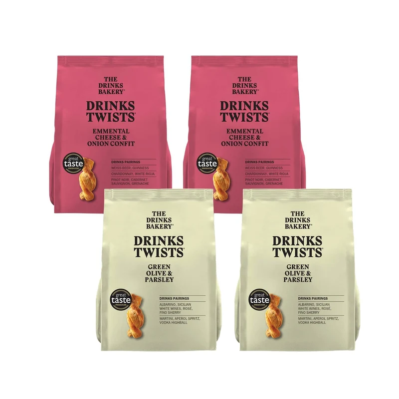 The Drinks Bakery Savory Drinks Twists Mixed Pack, Luxury Pastry with Emmental Cheese & Onion Confit and Green Olive & Parsley. Made in France - 4 x 3.5oz bags