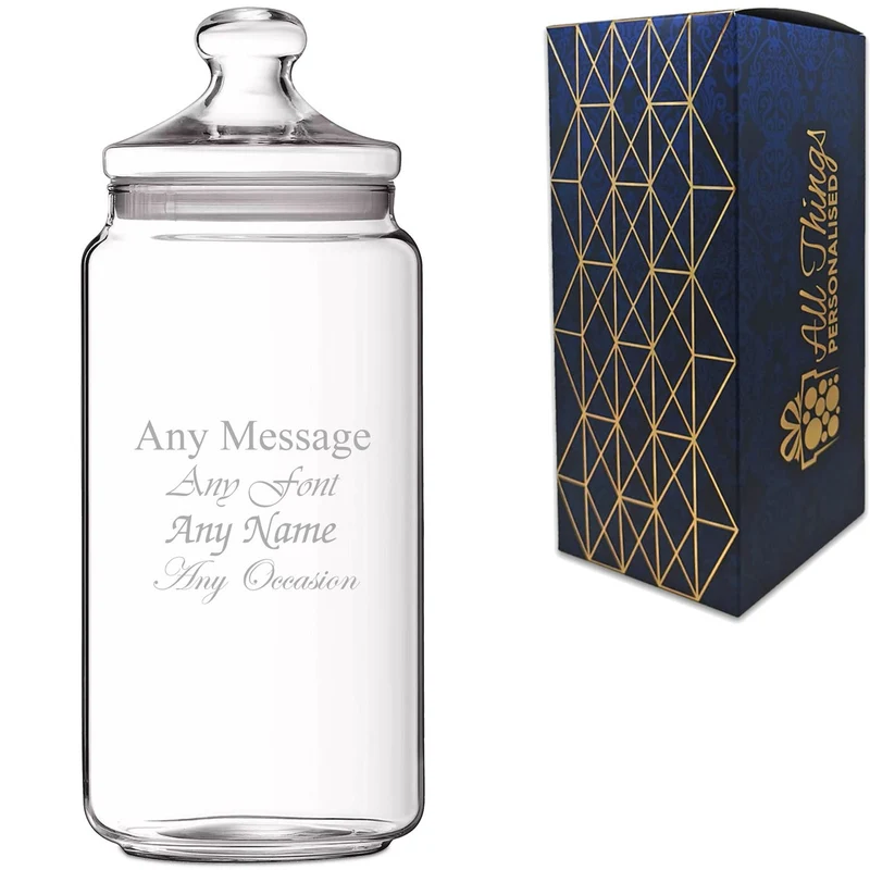 Personalised Engraved 1.5L Glass Jar with Lid, Customise with Any Name or Message, Gift Box Included