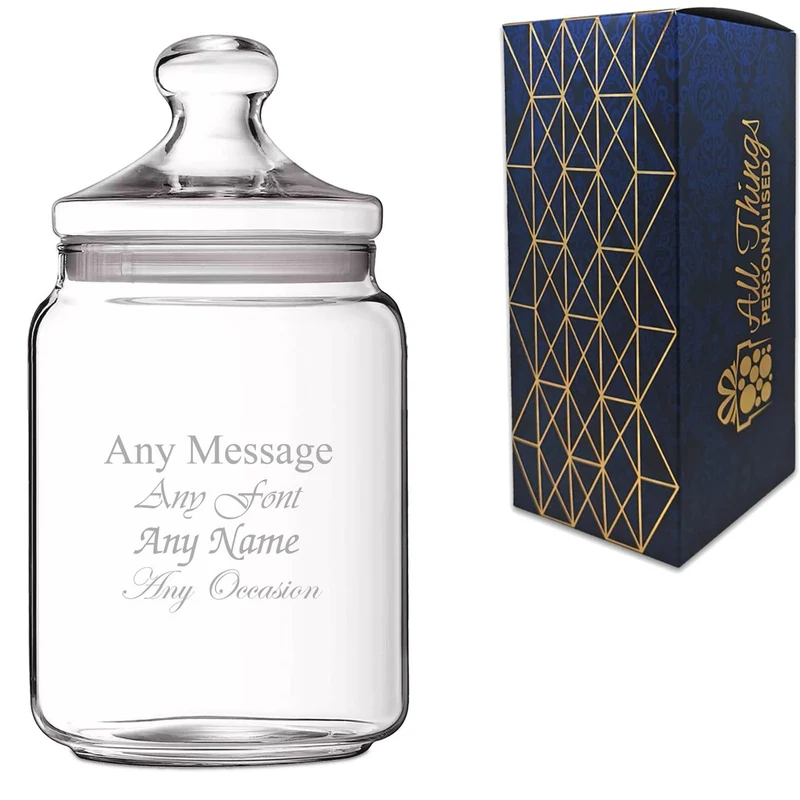 Personalised Engraved 1L Glass Jar with Lid, Customise with Any Name or Message, Gift Box Included