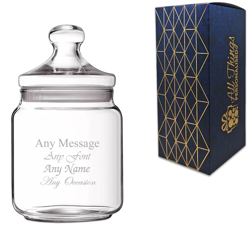 Personalised Engraved 0.75L Glass Jar with Lid, Customise with Any Name or Message, Gift Box Included