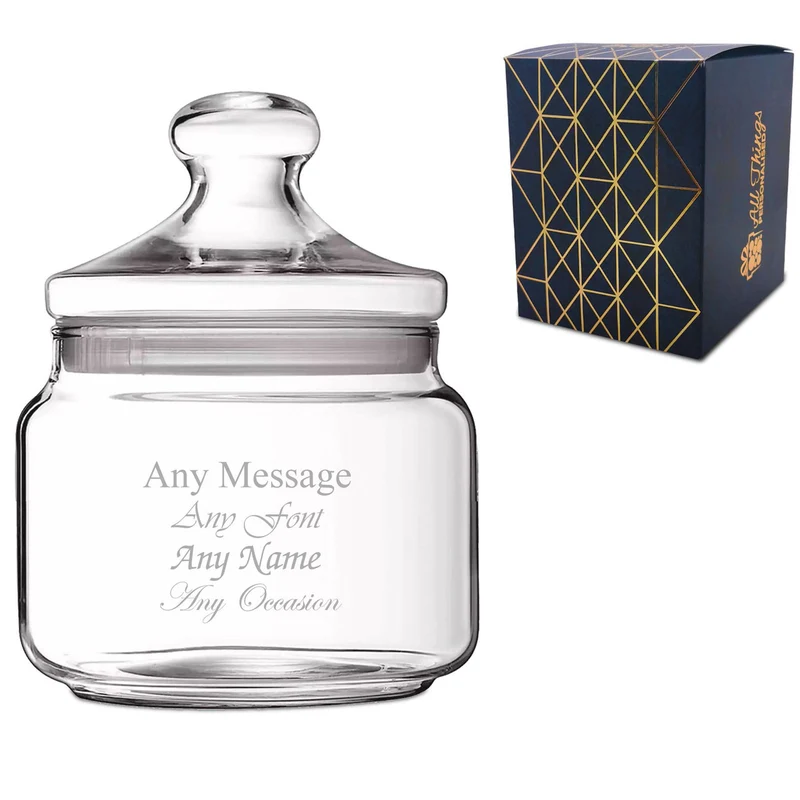 Personalised Engraved 0.5L Glass Jar with Lid, Customise with Any Name or Message, Gift Box Included