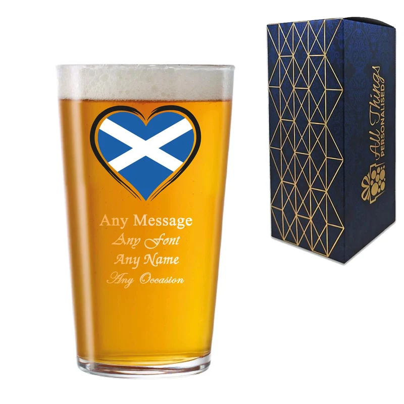 Personalised Engraved Scotland Heart Pint Glass, Gift Boxed, 20oz Conical