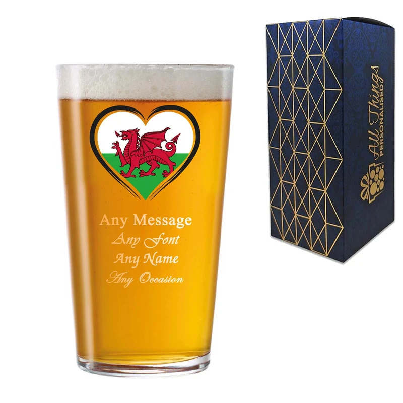 Personalised Engraved Wales Heart Pint Glass, Gift Boxed, 20oz Conical