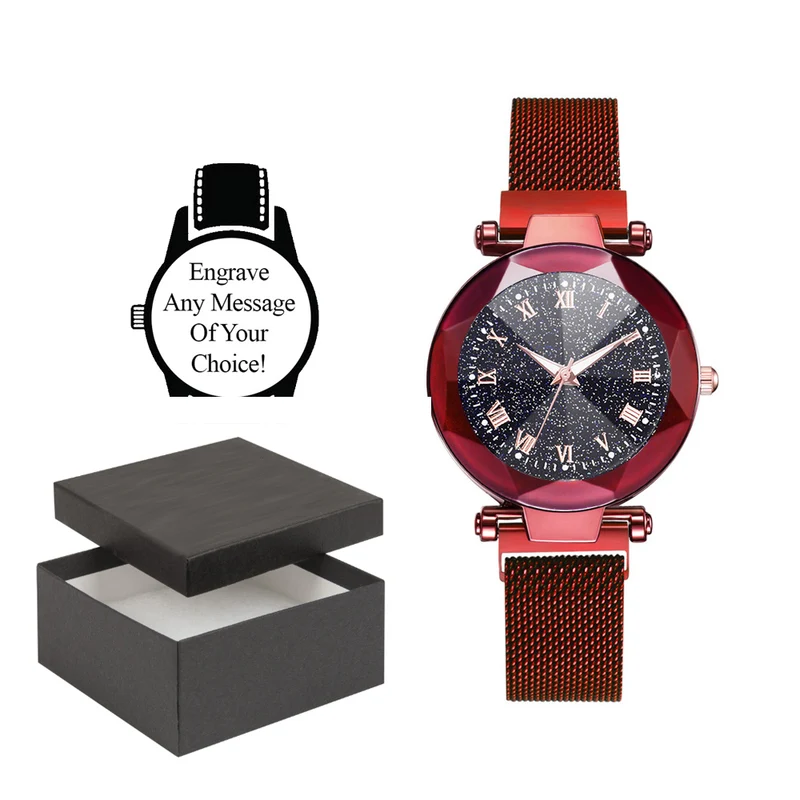 Personalised Engraved Watch Quartz Black Star Sky Face With Blue Body and Mesh Magnet Buckle