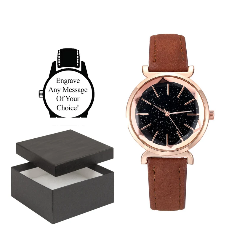 Personalised Engraved Watch Minimalist Quartz Star Sky Leather Strap Brown Gold and Black