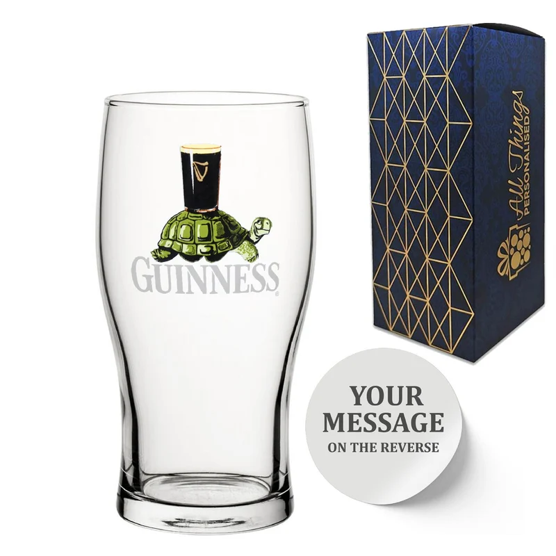 Official Tortoise Guinness Pint Glass, Engraved with Any Message, Gift Boxed