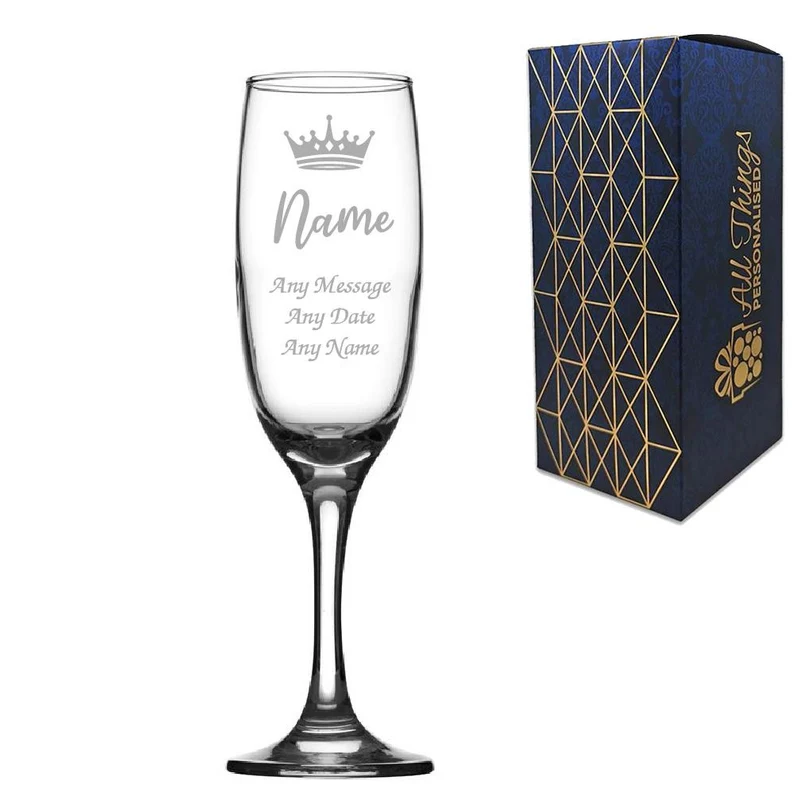 Crown Champagne Flute with Name, Engraved Glass for Prom Queen, Birthday Girl, Bride, Hen Do or Graduate, 210ml Gift Boxed