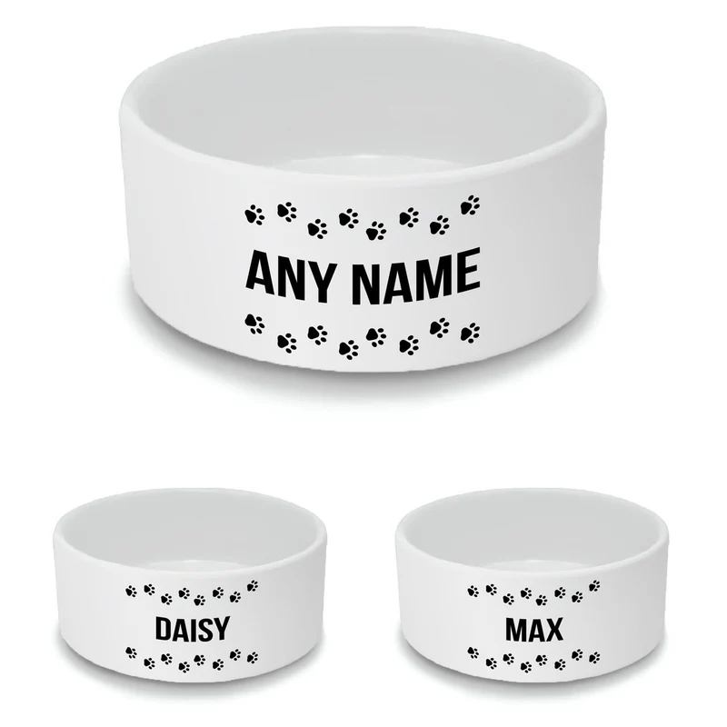Personalised Cat Bowl with Paw Trails Design