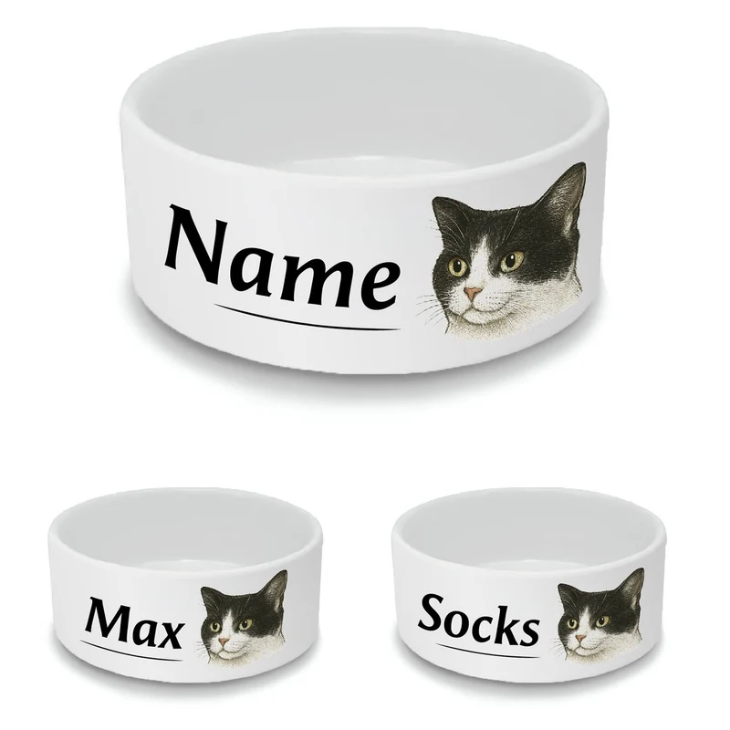 Personalised Cat Bowl with Tuxedo Cat Design