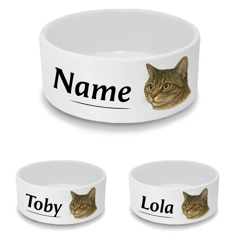 Personalised Cat Bowl with Tabby Cat Design