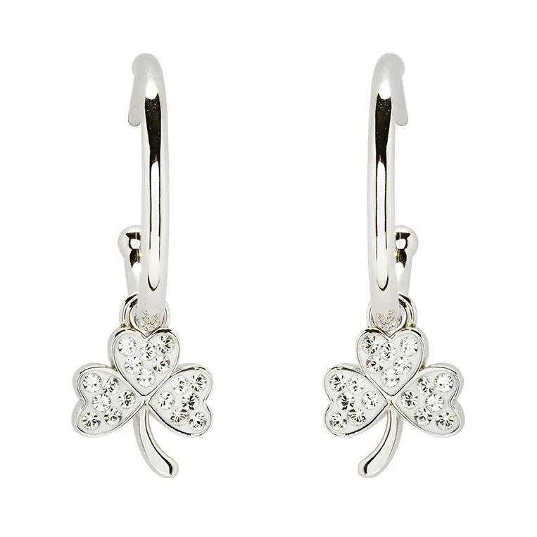 Sterling Silver White Crystal Shamrock Hoop Earrings