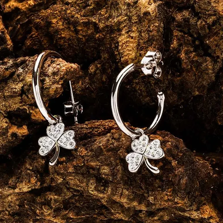 Sterling Silver White Crystal Shamrock Hoop Earrings