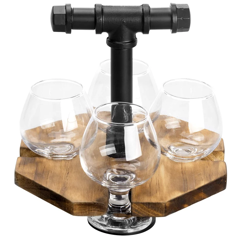 【Industrial Rustic Beer & Whiskey Flight Set】 Burnt Wood Tray with Matte Black Metal Handle & 4 Snifter Glasses - Portable Tasting Serving Caddy for Home Bars, Tasting Events, Craft Beer Enthusiasts