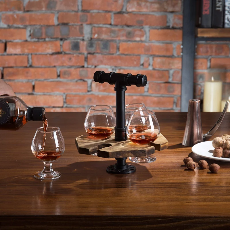 【Industrial Rustic Beer & Whiskey Flight Set】 Burnt Wood Tray with Matte Black Metal Handle & 4 Snifter Glasses - Portable Tasting Serving Caddy for Home Bars, Tasting Events, Craft Beer Enthusiasts