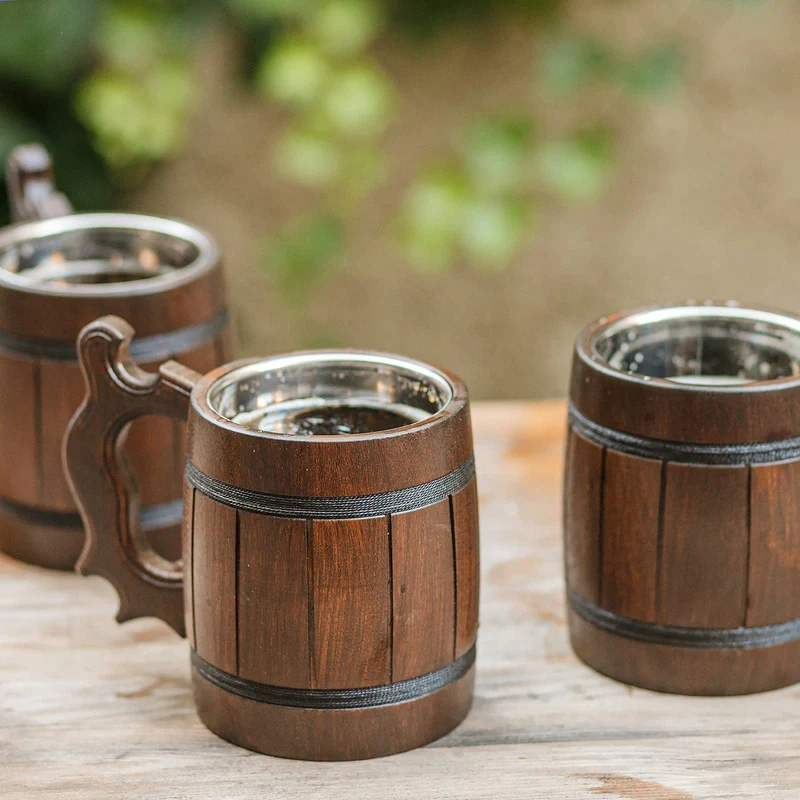 Handmade Wooden Rustic Beer Mug Real Oak Eco-friendly Wood Stainless Steel Cup 20 oz(600ml) Etno Motif Wood Viking Stein - Beer Tankard Irish Retro Halloween - Cowboys Beer Mug