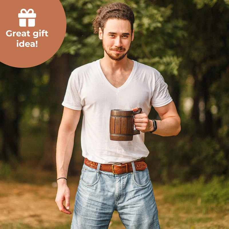 Handmade Wooden Rustic Beer Mug Real Oak Eco-friendly Wood Stainless Steel Cup 20 oz(600ml) Etno Motif Wood Viking Stein - Beer Tankard Irish Retro Halloween - Cowboys Beer Mug