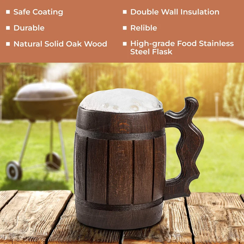 Handmade Wooden Rustic Beer Mug Real Oak Eco-friendly Wood Stainless Steel Cup 20 oz(600ml) Etno Motif Wood Viking Stein - Beer Tankard Irish Retro Halloween - Cowboys Beer Mug