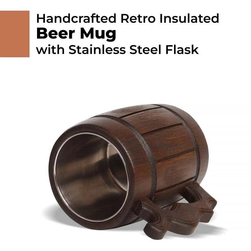 Handmade Wooden Rustic Beer Mug Real Oak Eco-friendly Wood Stainless Steel Cup 20 oz(600ml) Etno Motif Wood Viking Stein - Beer Tankard Irish Retro Halloween - Cowboys Beer Mug