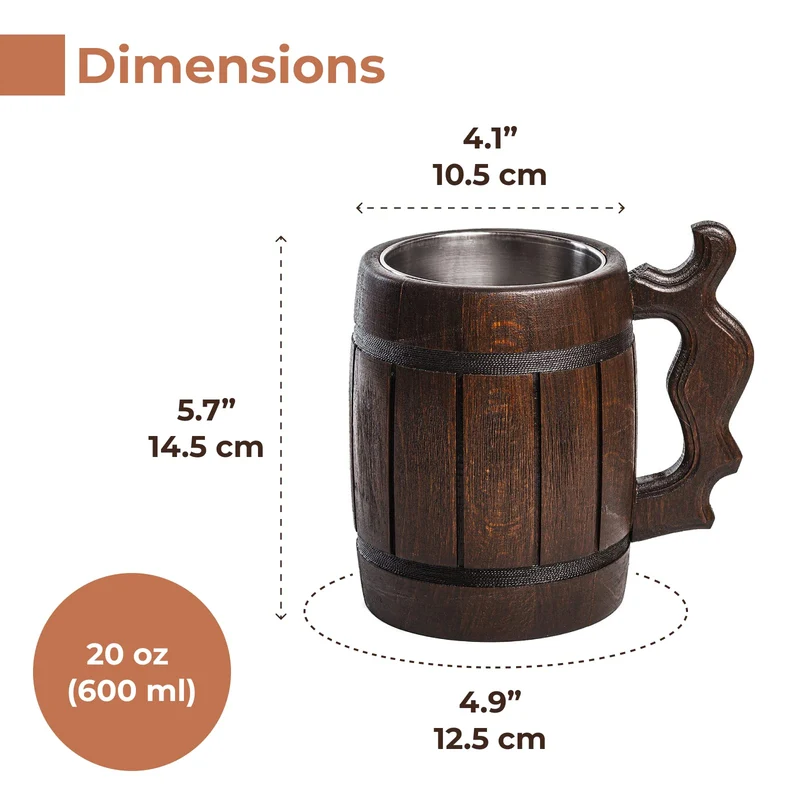 Handmade Wooden Rustic Beer Mug Real Oak Eco-friendly Wood Stainless Steel Cup 20 oz(600ml) Etno Motif Wood Viking Stein - Beer Tankard Irish Retro Halloween - Cowboys Beer Mug