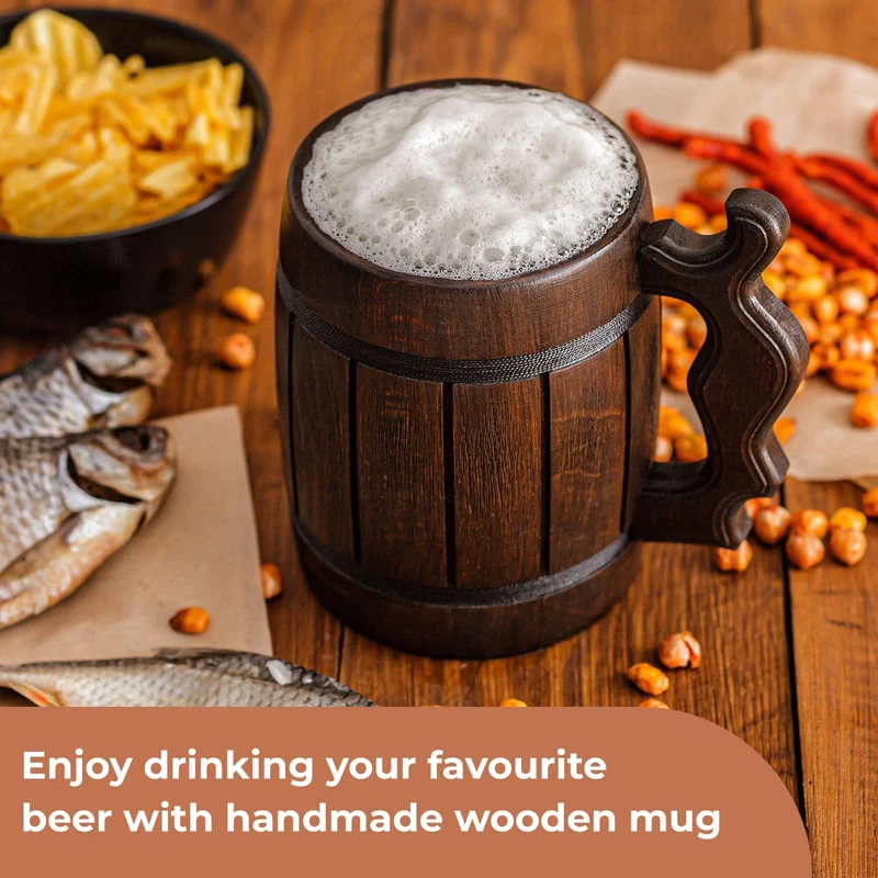 Handmade Wooden Rustic Beer Mug Real Oak Eco-friendly Wood Stainless Steel Cup 20 oz(600ml) Etno Motif Wood Viking Stein - Beer Tankard Irish Retro Halloween - Cowboys Beer Mug