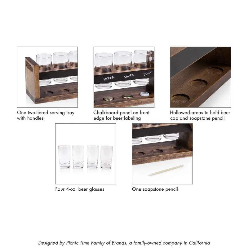 LEGACY - a Picnic Time Brand Craft Beer Flight Set, Beer Glasses Set, Gifts For Beer Lovers, (Acacia Wood)