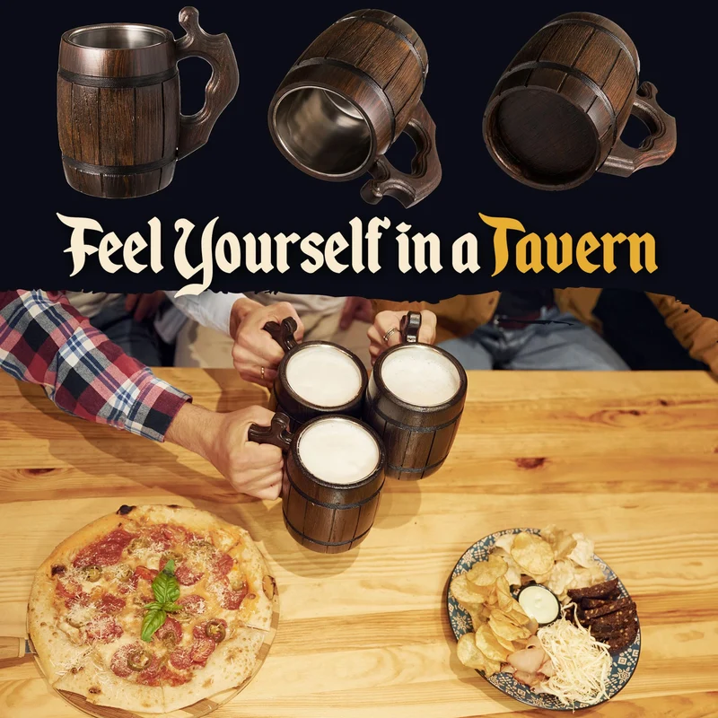 MFC Beer Mug 20 OZ - Tankard Mug - Beer stein - Wooden beer mug - Stainless Steel Cup - Handmade Gifts for Men - Fathers Day, Christmas or Birthday Gift Idea - Men Mug - Barrel Brown